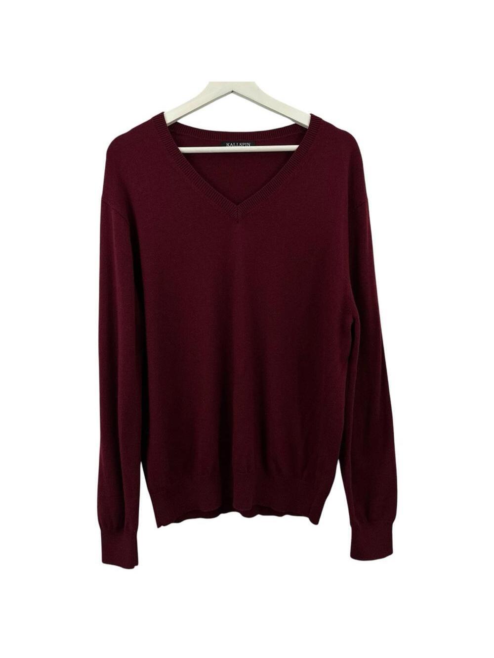 Kallspin Men’s Wool Blend Red V-Neck Long Sleeve Sweater Size L